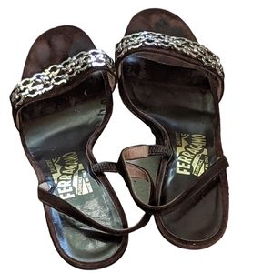 Salvatore Ferragamo strappy sling back heeled sandals, chain detailing 7…